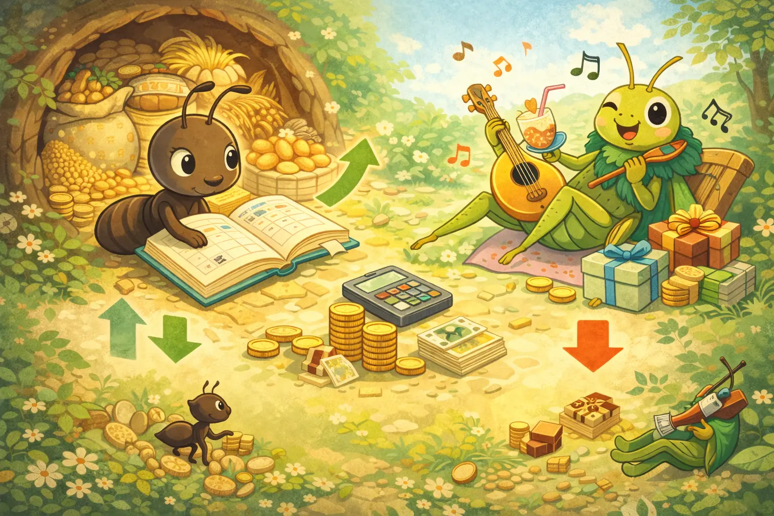 【簿記3級童話】アリとキリギリスの利益剰余金〜備えと浪費の簿記的ちがい〜を表すイラスト
