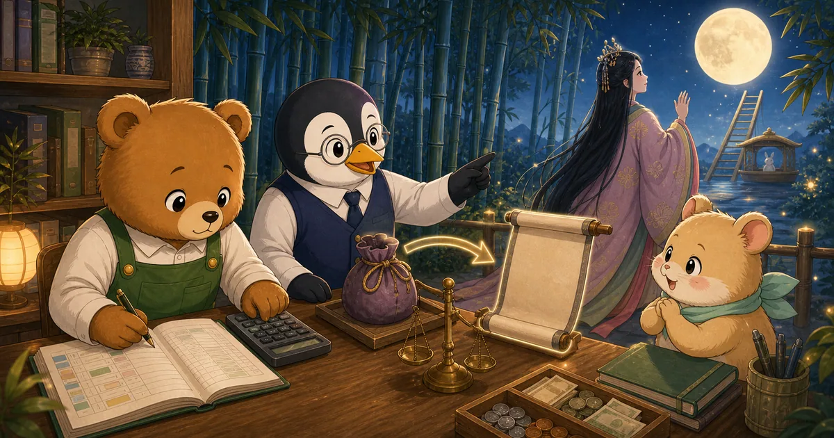 月へ帰るかぐや姫を前に、前受金として受け取った代金をこぐまさんが帳簿で確認する場面