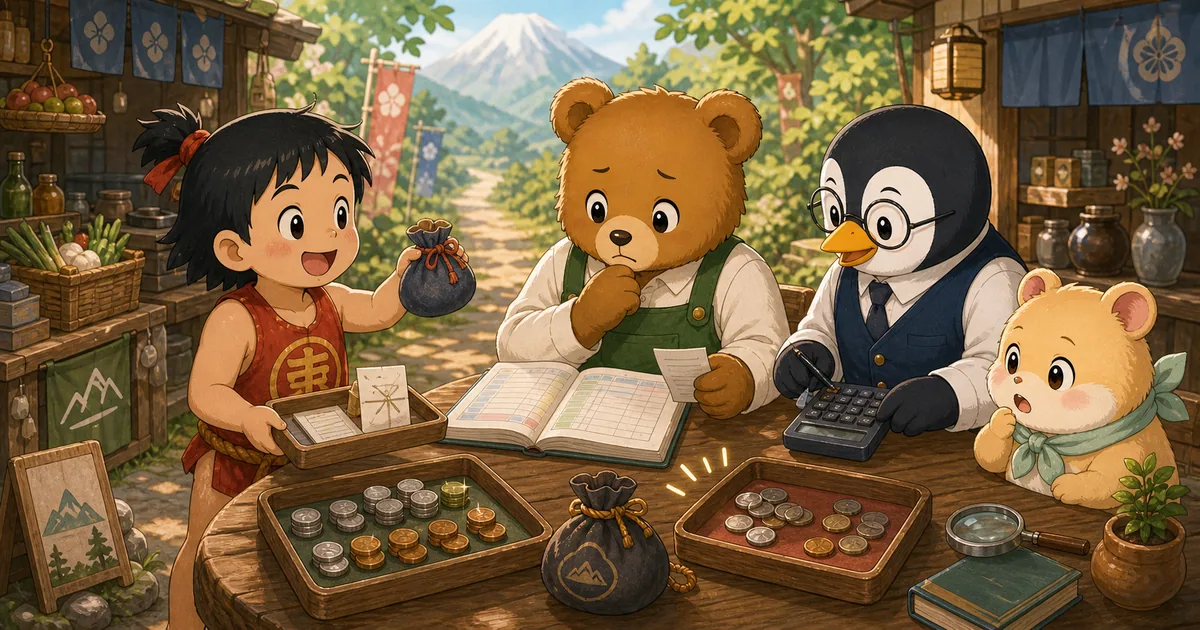 金太郎の山のおつかい後に、現金の実際残高と帳簿の差をこぐまさんが確認している場面