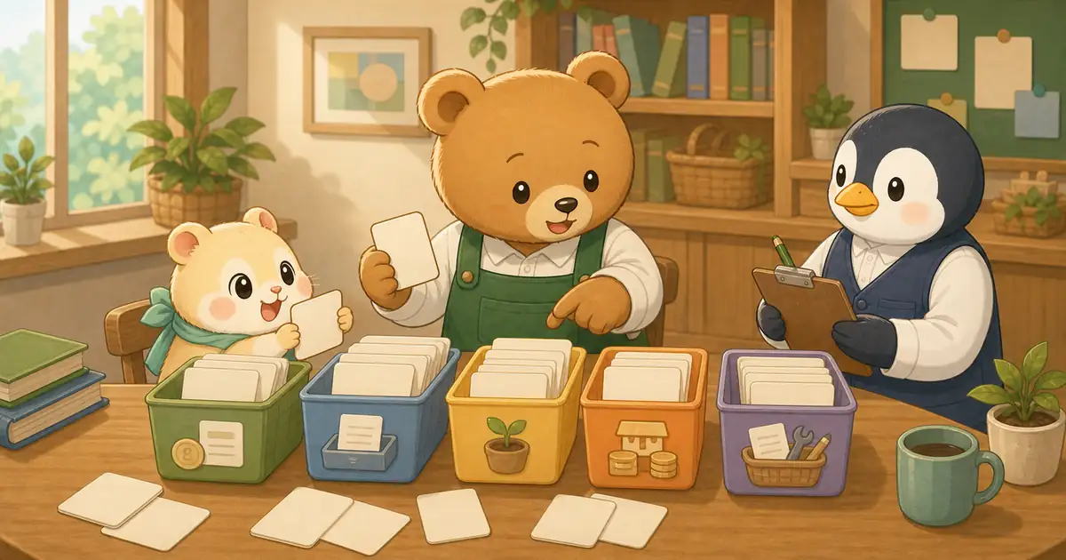 こぐまさんたちが簿記3級の勘定科目カードを5つの分類に分けて整理しているイラスト