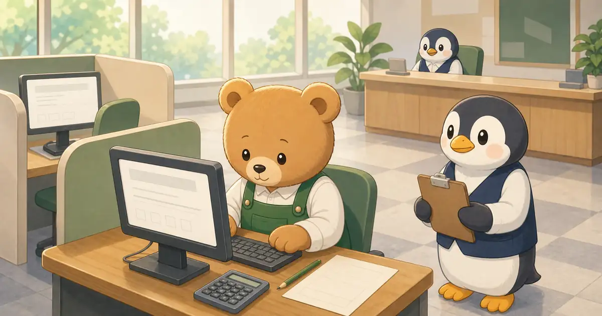 テストセンターでこぐまさんがパソコンを使って簿記3級のCBTを受ける流れを確認しているイラスト