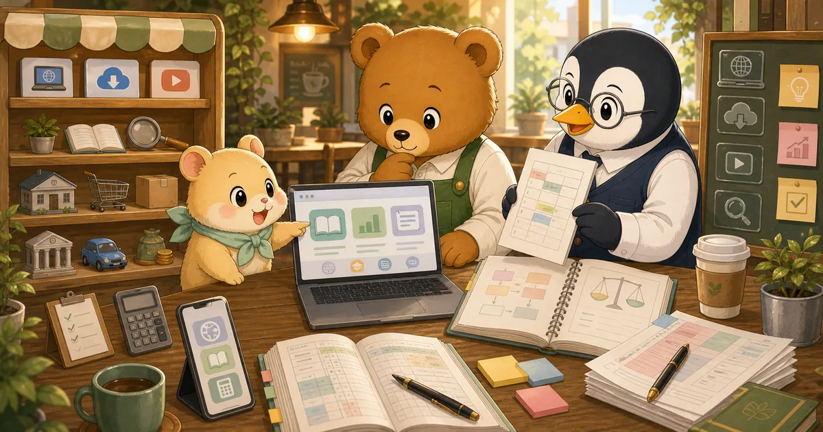 こぐまさんとミーヤがノートパソコンで簿記3級の無料学習サイトを見ながら独学教材を選んでいるイラスト