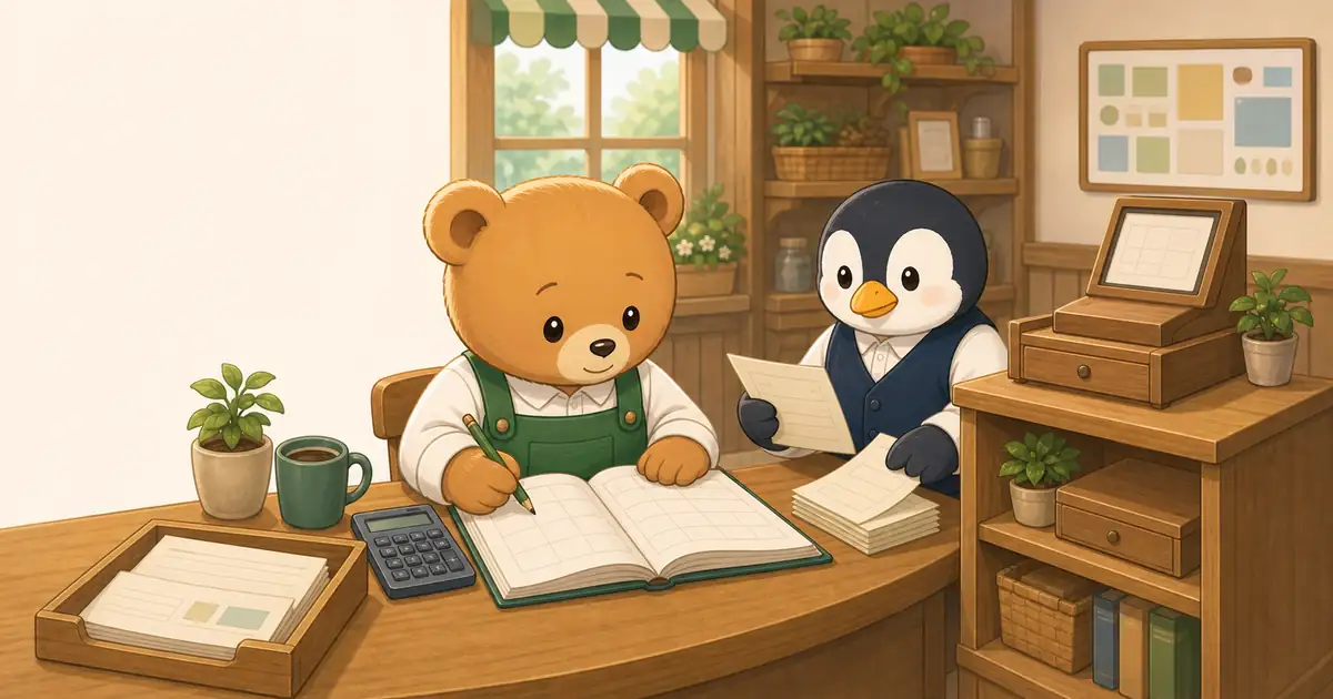 こぐまさんとペンリーが仮払金として残っていた支払いを備品へ振り替える仕訳を帳簿で確認しているイラスト