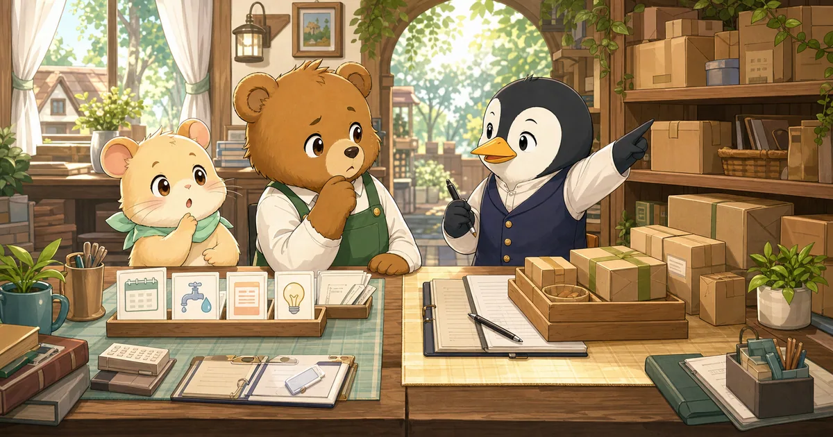 期首再振替する経過勘定と棚に残る繰越商品を見比べるこぐま商会