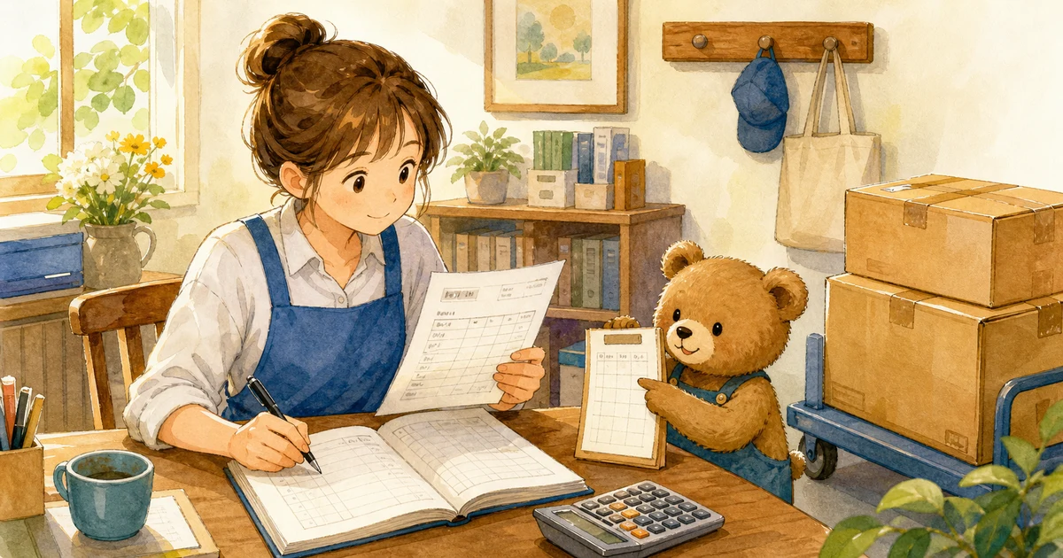 第2回第1問1：商品を掛けで販売したときの仕訳の解説用ヒーロー画像。こぐま商会で納品書と売上メモを見ながら、売上と代金の形を確認する場面