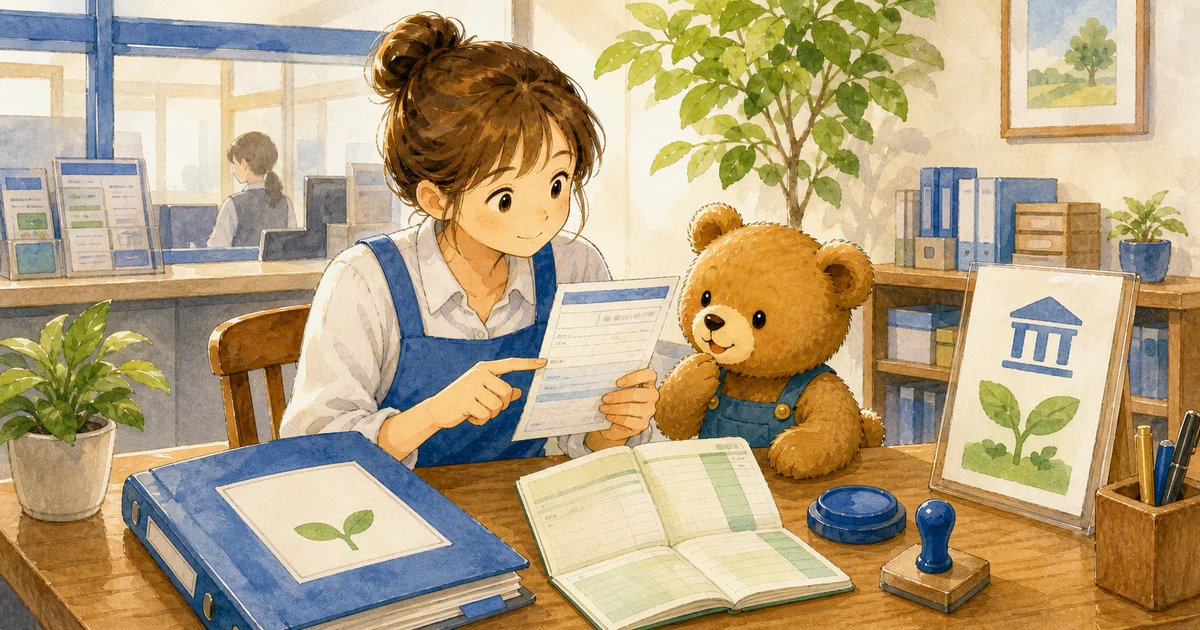 第2回第1問2：追加出資が普通預金に入金された仕訳の解説用ヒーロー画像。こぐま商会で銀行通知と資金メモを見ながら、入金や返済の理由を確認する場面