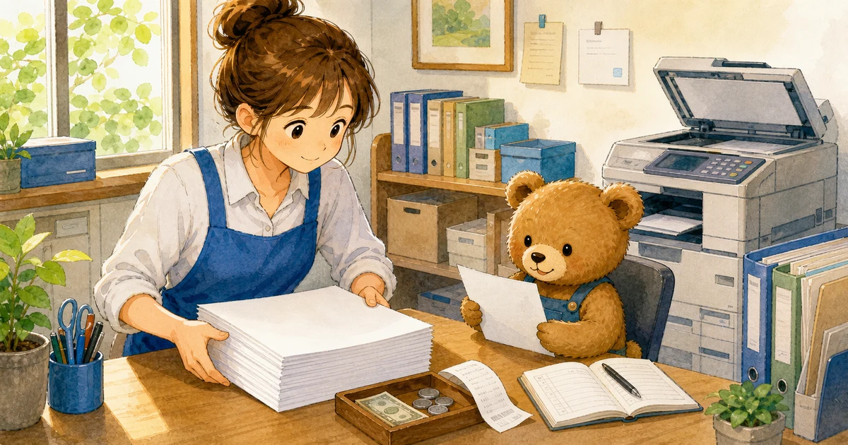 第2回第1問3：コピー用紙を現金で買ってすぐ使った仕訳の解説用ヒーロー画像。こぐま商会で事務机で領収書と消耗品のメモを確認する場面