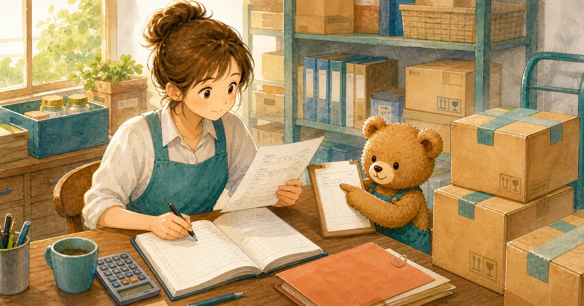 第2回第1問4：商品を掛けで仕入れたときの仕訳の解説用ヒーロー画像。こぐま商会で届いた商品箱と支払条件メモを見ながら、仕入と支払い方法を確認する場面