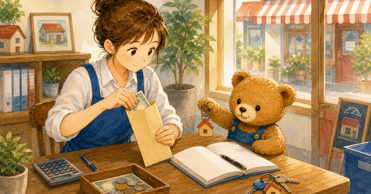 第2回第1問6：店舗家賃を現金で支払った仕訳の解説用ヒーロー画像。こぐま商会で現金トレーと支払メモを見ながら、費用や支払いの仕訳を確認する場面