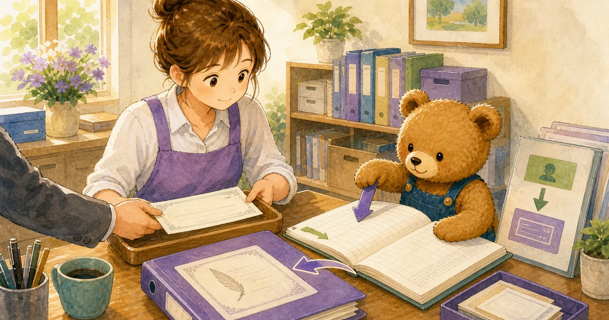 第2回第1問7:売掛金の回収で約束手形を受け取った仕訳の解説用ヒーロー画像。こぐま商会で手形のメモと台帳を見比べながら、資産や負債の入れ替わりを確認する場面