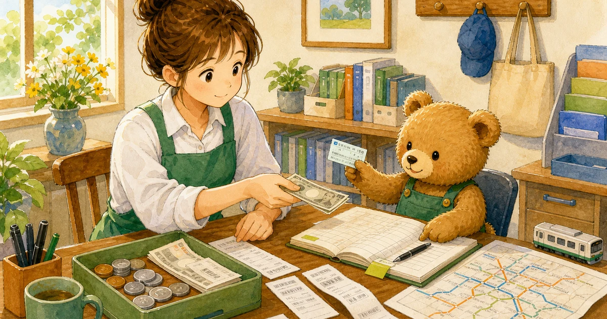 第2回第1問9：従業員が立て替えた交通費を精算した仕訳の解説用ヒーロー画像。こぐま商会で現金トレーと支払メモを見ながら、費用や支払いの仕訳を確認する場面