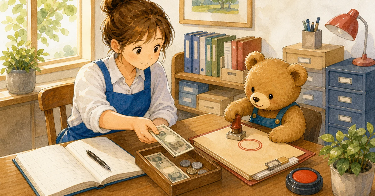 第2回第1問12:未払金を現金で支払った仕訳の解説用ヒーロー画像。こぐま商会で銀行通知と台帳を照合しながら、回収や決算振替の科目を確認する場面