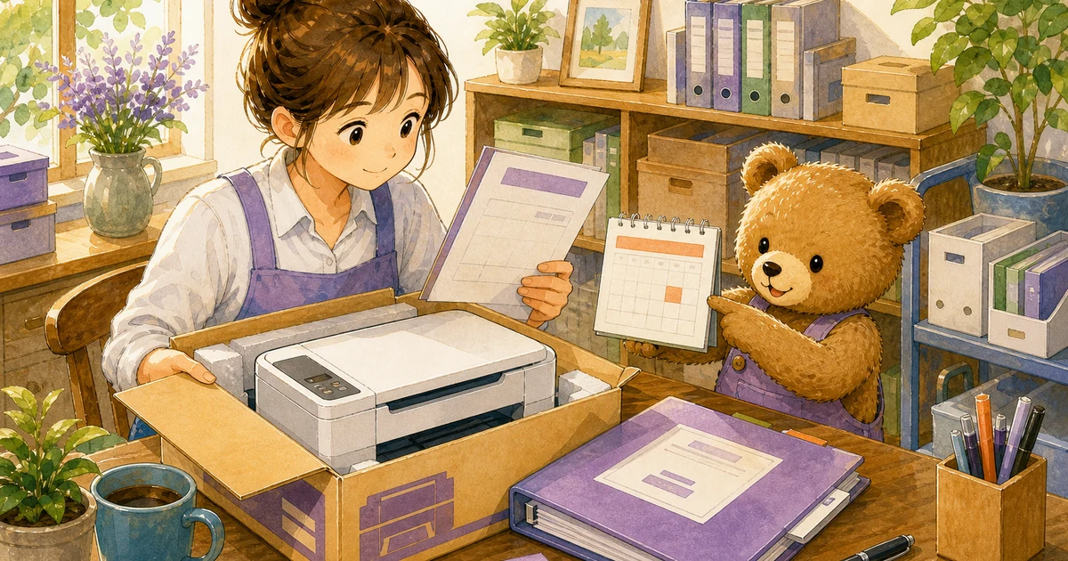 第2回第1問14：プリンターを翌月払いで購入した仕訳の解説用ヒーロー画像。こぐま商会で事務机で領収書と消耗品のメモを確認する場面