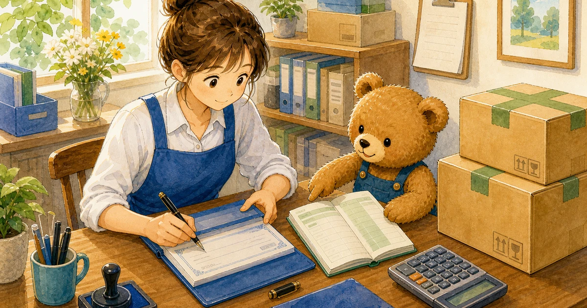 第3回第1問2:小切手を振り出して商品を仕入れた仕訳の解説用ヒーロー画像。こぐま商会で届いた商品箱と支払条件メモを見ながら、仕入と支払い方法を確認する場面