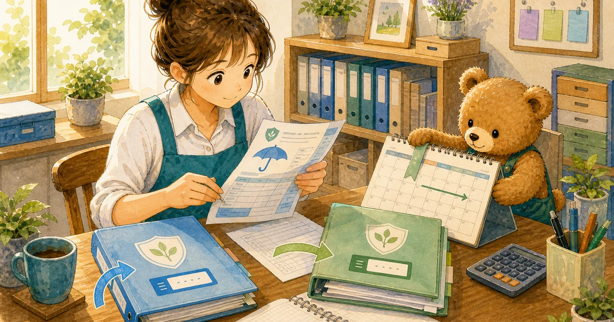第3回第1問7：保険料のうち翌期分を前払費用にする仕訳の解説用ヒーロー画像。こぐま商会で銀行通知と台帳を照合しながら、回収や決算振替の科目を確認する場面