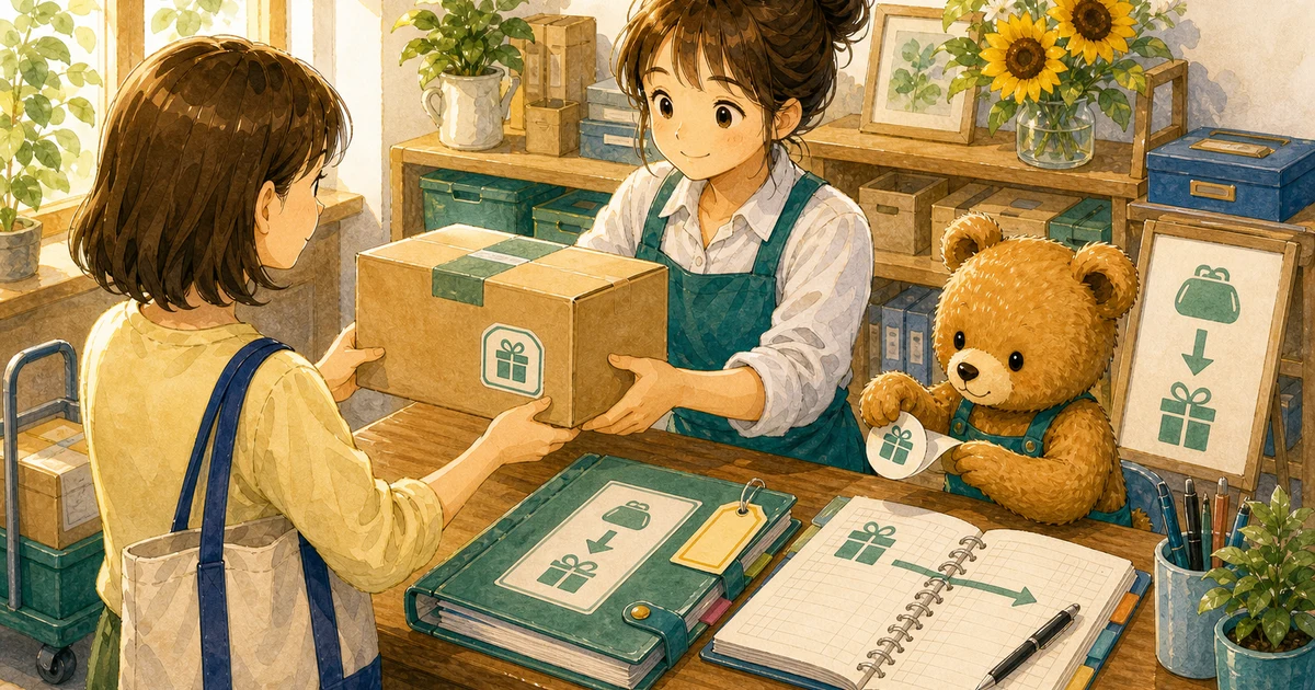 第3回第1問10：前受金の商品を引き渡したときの仕訳の解説用ヒーロー画像。こぐま商会で納品書と売上メモを見ながら、売上と代金の形を確認する場面