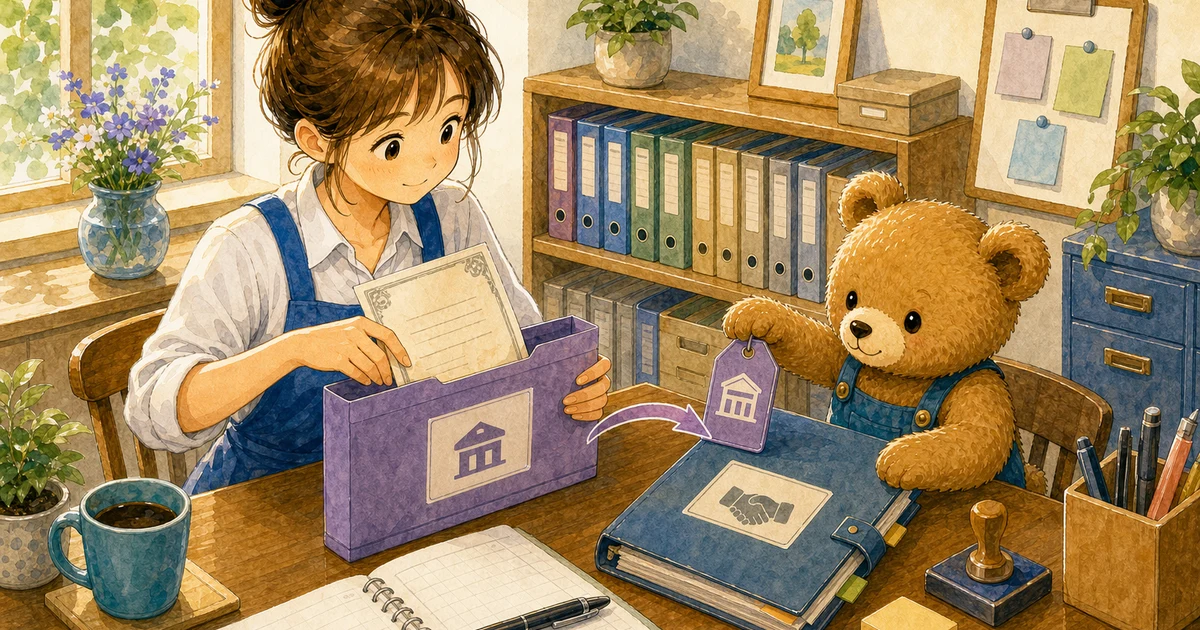 第3回第1問12:買掛金を約束手形で支払った仕訳の解説用ヒーロー画像。こぐま商会で手形のメモと台帳を見比べながら、資産や負債の入れ替わりを確認する場面