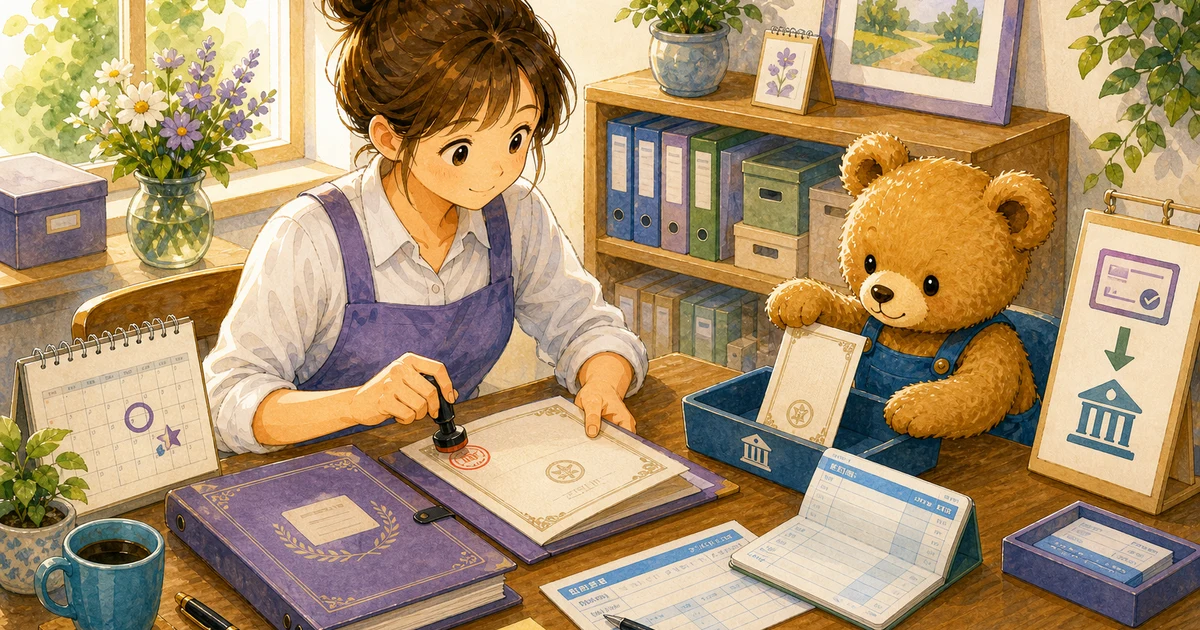 第3回第1問15:受取手形が満期となり当座預金に入金された仕訳の解説用ヒーロー画像。こぐま商会で手形のメモと台帳を見比べながら、資産や負債の入れ替わりを確認する場面