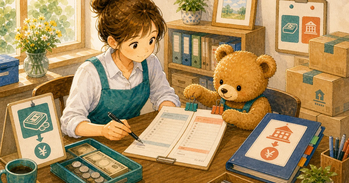 第4回第1問1:商品仕入代金を現金と掛けに分ける仕訳の解説用ヒーロー画像。こぐま商会で届いた商品箱と支払条件メモを見ながら、仕入と支払い方法を確認する場面