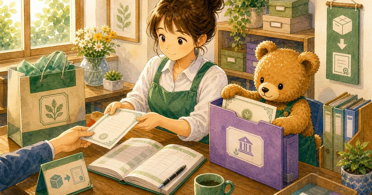第4回第1問2:商品売上で約束手形を受け取った仕訳の解説用ヒーロー画像。こぐま商会で手形のメモと台帳を見比べながら、資産や負債の入れ替わりを確認する場面