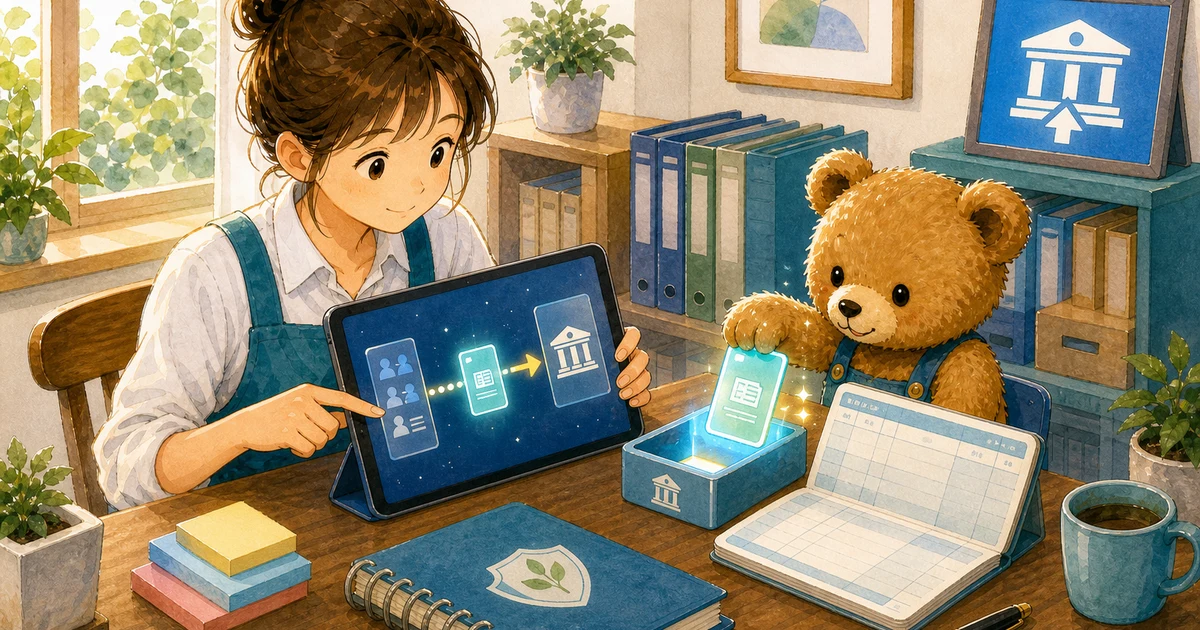 第4回第1問5:電子記録債権が普通預金に入金された仕訳の解説用ヒーロー画像。こぐま商会で銀行通知と台帳を照合しながら、回収や決算振替の科目を確認する場面