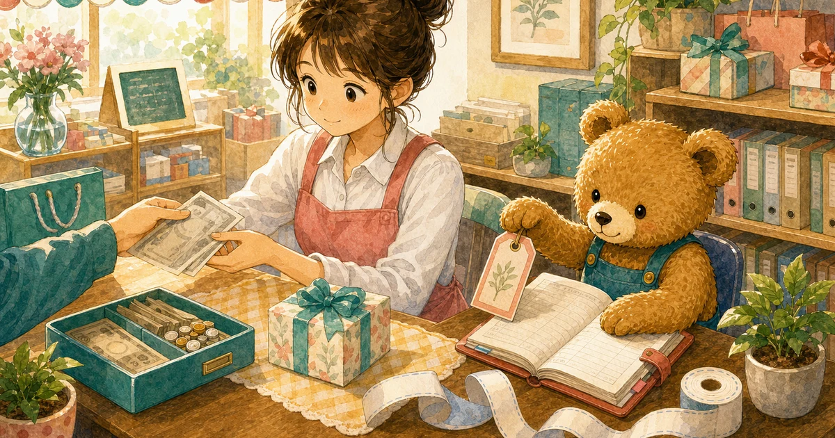 第4回第1問8：商品を現金販売したときの仕訳の解説用ヒーロー画像。こぐま商会で納品書と売上メモを見ながら、売上と代金の形を確認する場面