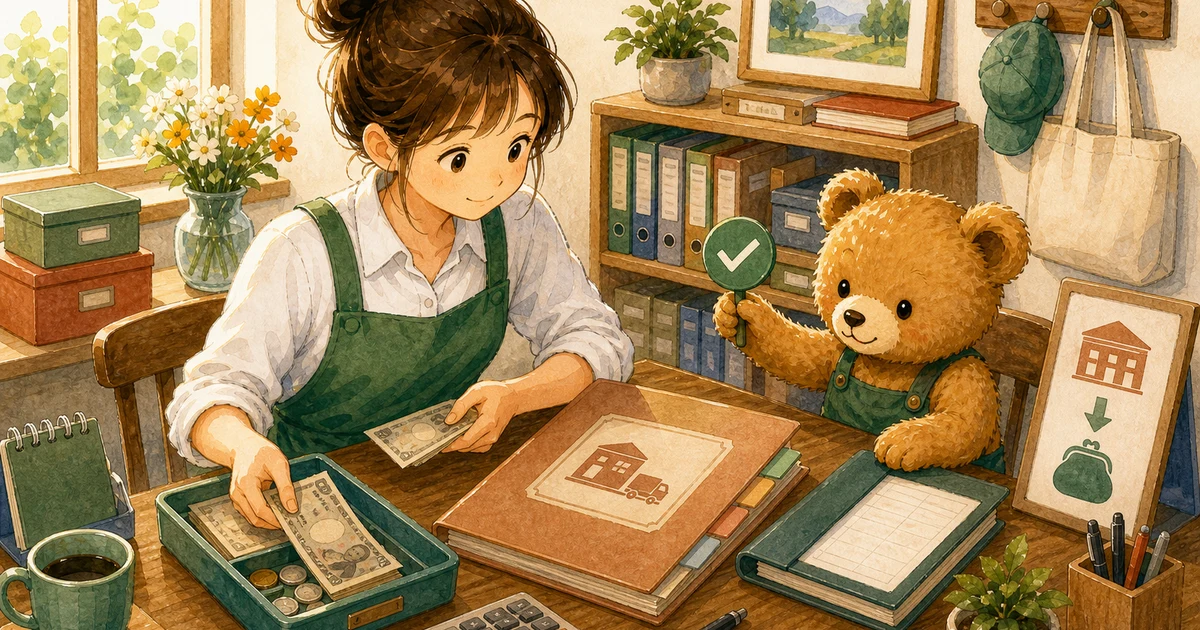 第4回第1問10:買掛金を現金で支払った仕訳の解説用ヒーロー画像。こぐま商会で届いた商品箱と支払条件メモを見ながら、仕入と支払い方法を確認する場面