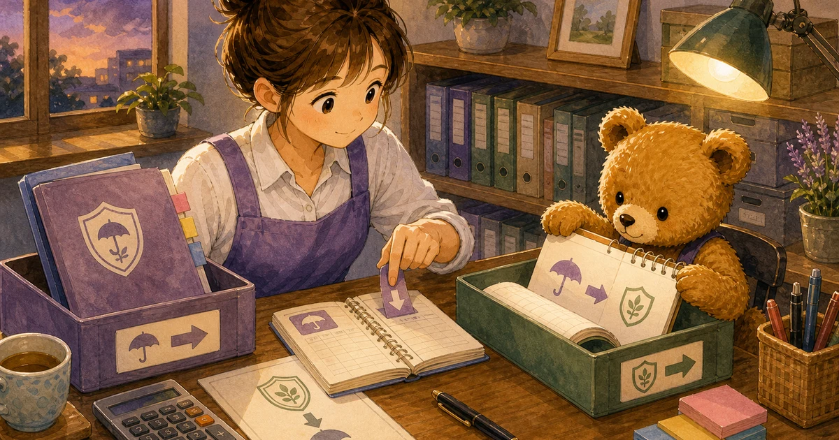 第4回第1問11：前払費用を保険料へ振り替える仕訳の解説用ヒーロー画像。こぐま商会で銀行通知と台帳を照合しながら、回収や決算振替の科目を確認する場面