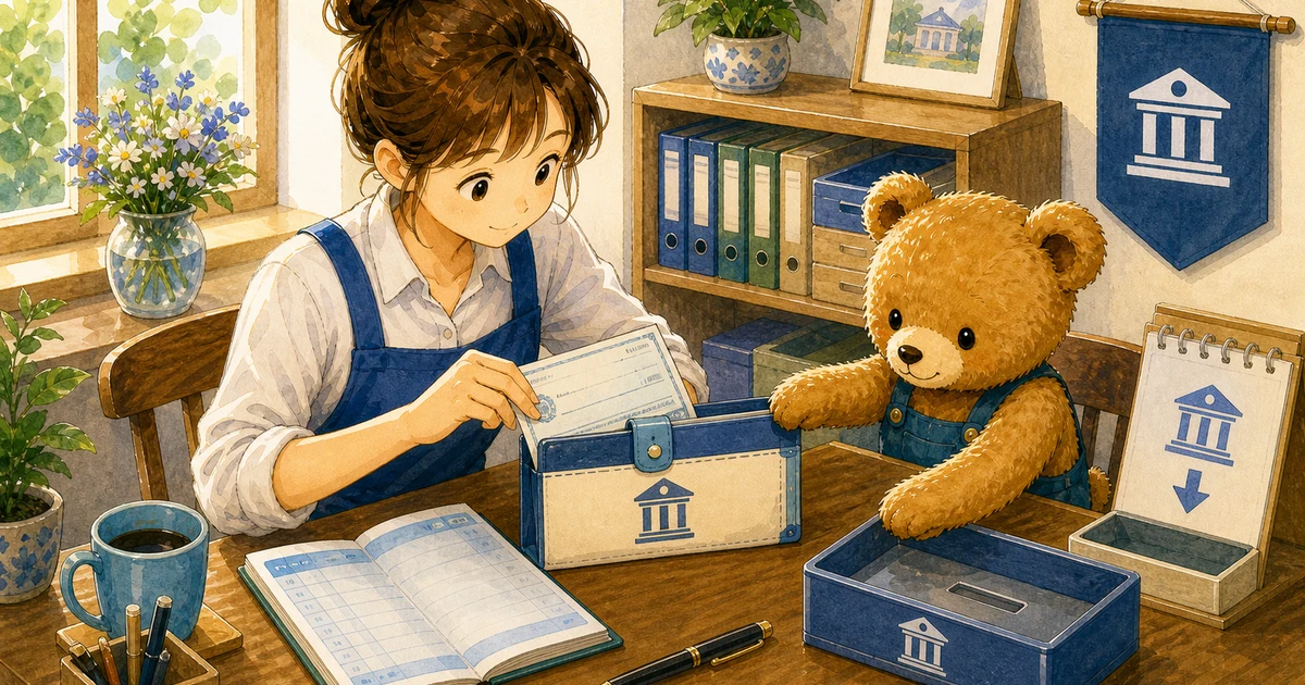 第4回第1問12：売掛金回収の小切手を当座預金へ預けた仕訳の解説用ヒーロー画像。こぐま商会で銀行通知と台帳を照合しながら、回収や決算振替の科目を確認する場面