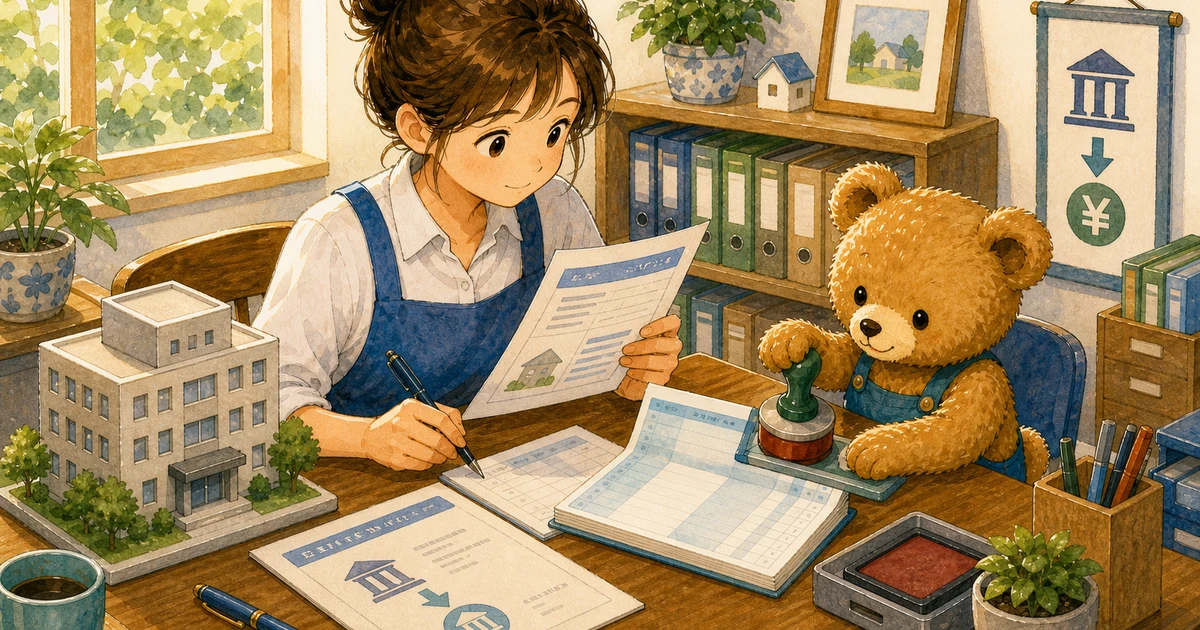 第4回第1問14：固定資産税を普通預金から支払った仕訳の解説用ヒーロー画像。こぐま商会で現金トレーと支払メモを見ながら、費用や支払いの仕訳を確認する場面