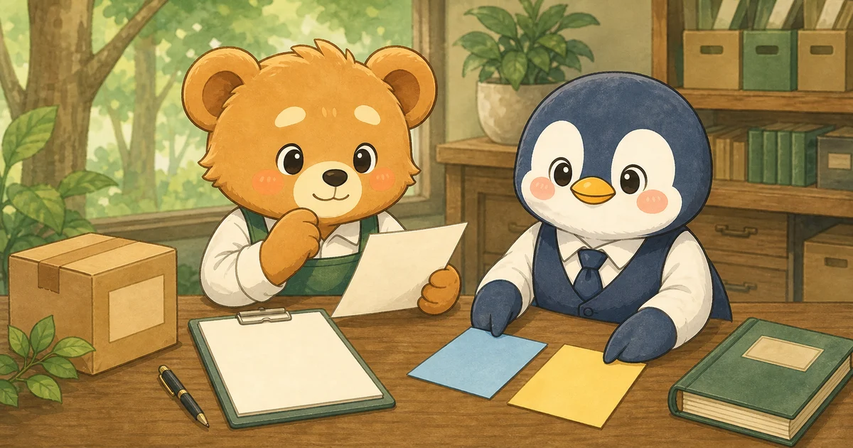 こぐまさんとペンリーが白紙の請求書と二枚の色カードを使って、税抜方式の仕入と仮払消費税を分けている場面