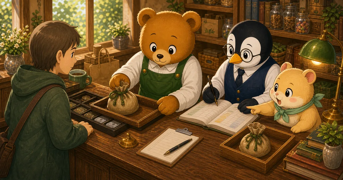 預かったお金を店の現金と分けて保管し、あとで返す義務をこぐまさんが確認している場面