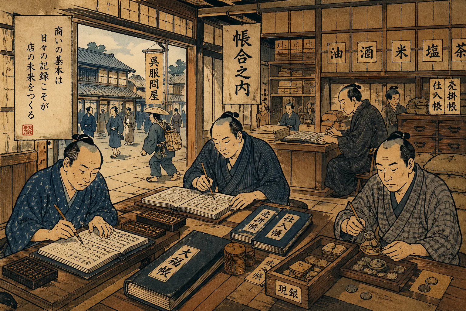 江戸の商家で帳簿を囲みながら商売の記録を確かめる浮世絵風の場面