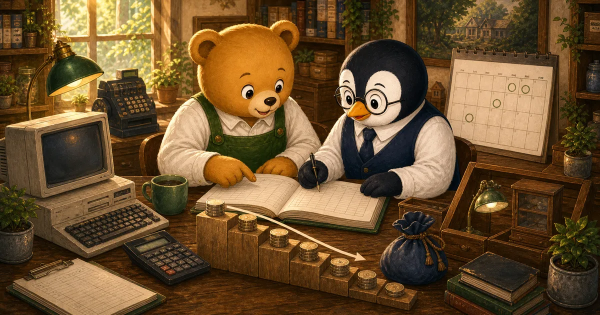 長く使う備品の価値を期間ごとに分け、こぐまさんが減価償却費を帳簿に記録している場面