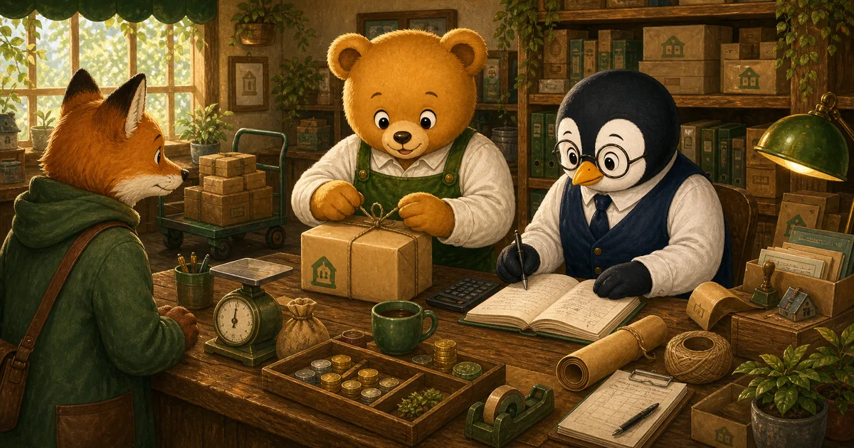 商品を箱に詰めて発送し、こぐまさんが送料を発送費として帳簿に記録している場面