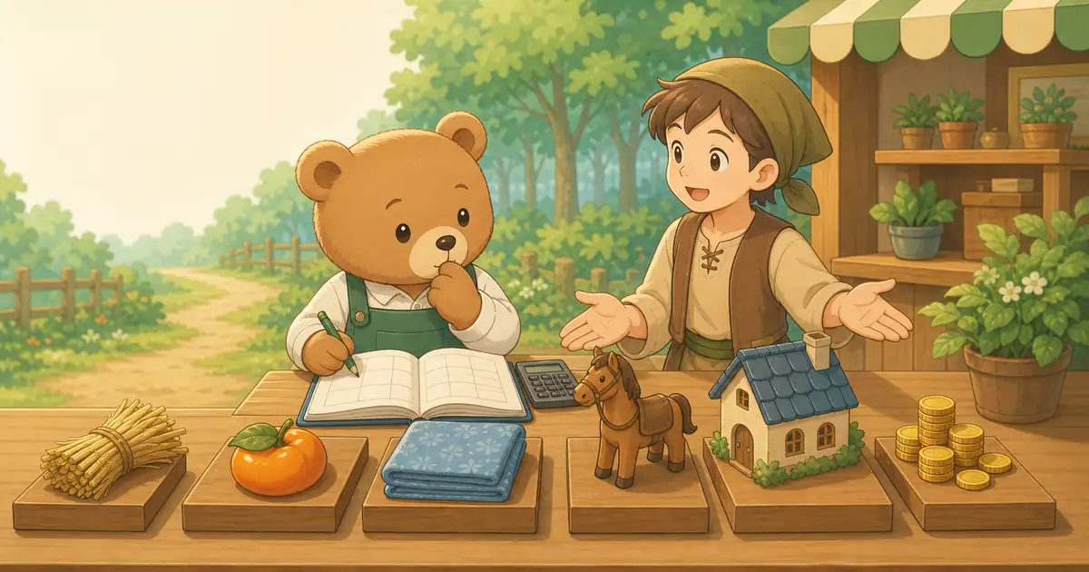わらしべから品物を交換していく若者のそばで、こぐまさんが棚卸資産と売上を帳簿に記録しているイラスト