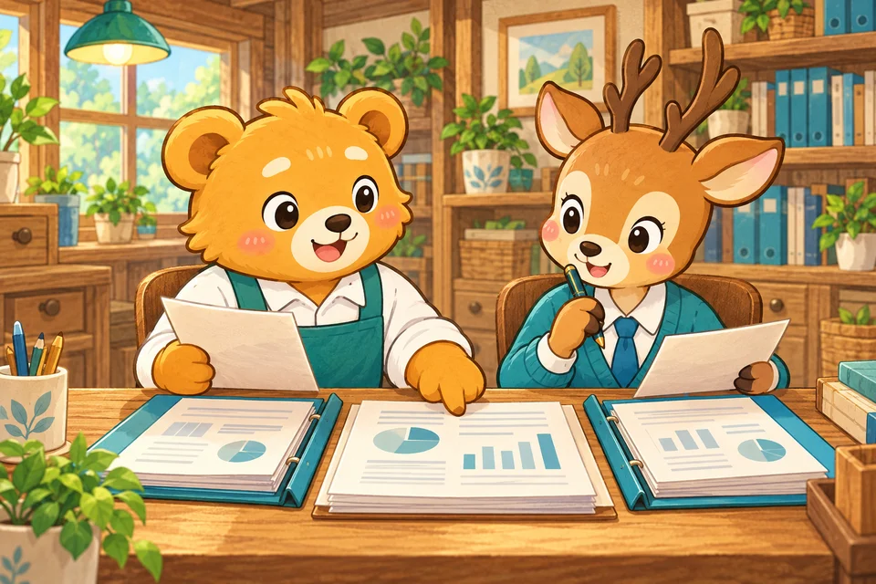 複数の会社の資料とグループ全体の報告書を確かめるこぐまと鹿の会計担当者。