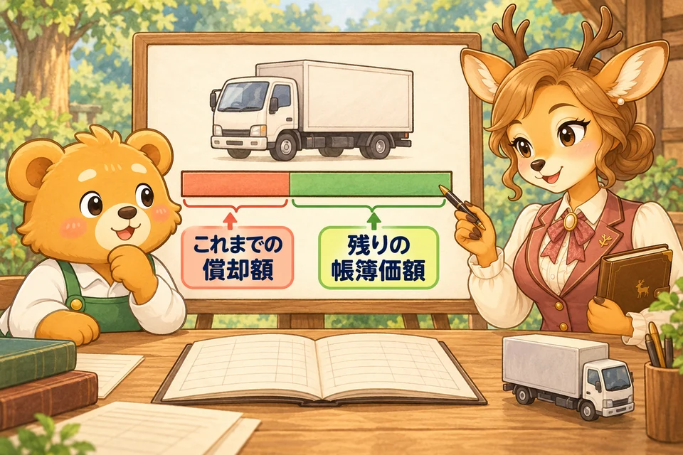 車両について、これまでの減価償却の合計を帳簿で差し引く。