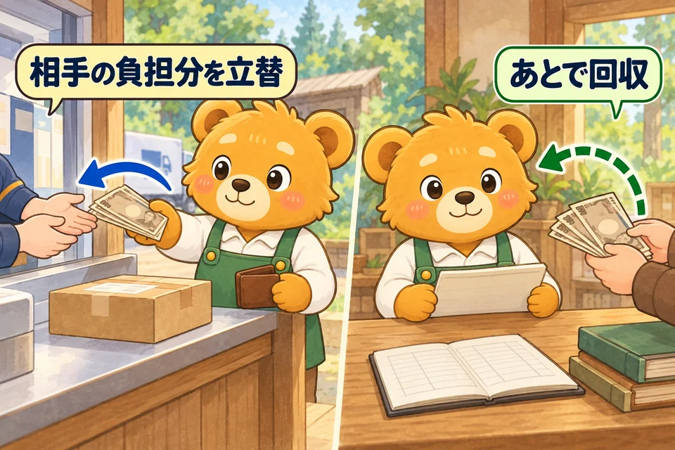 相手が負担する費用を会社が一時的に支払い、あとで精算する。