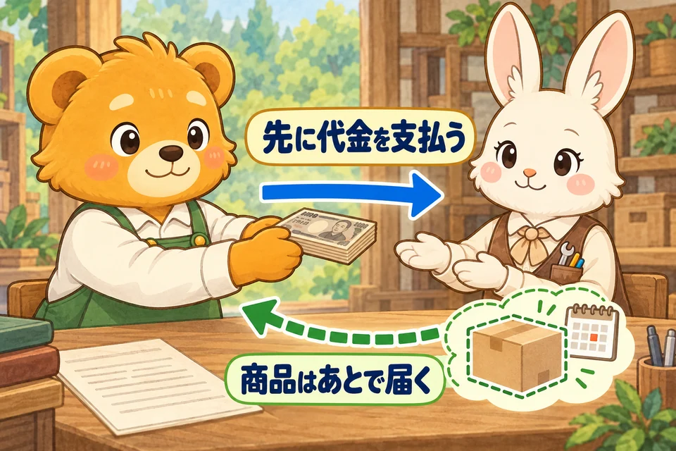 商品を受け取る前に、仕入先へ代金の一部を先払いする。