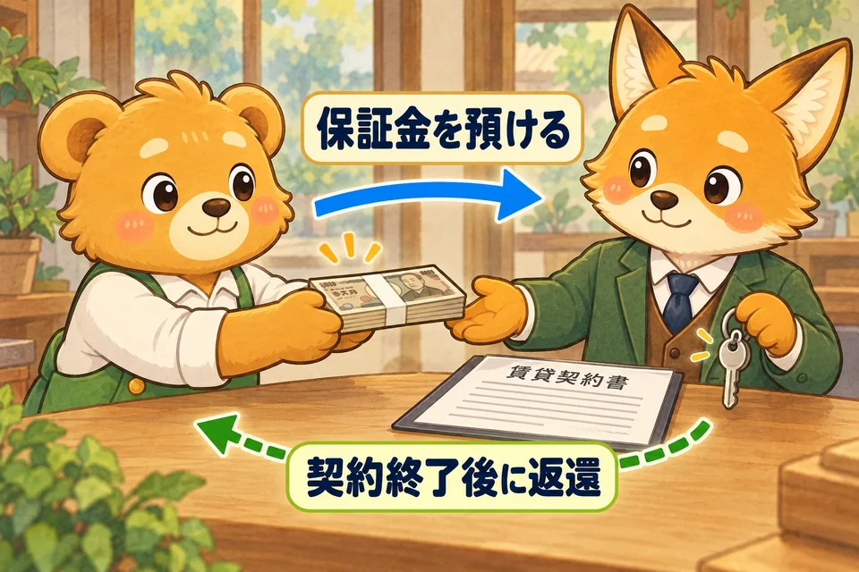 店を借りる契約で保証金を預け、契約終了後の返還を見込む。
