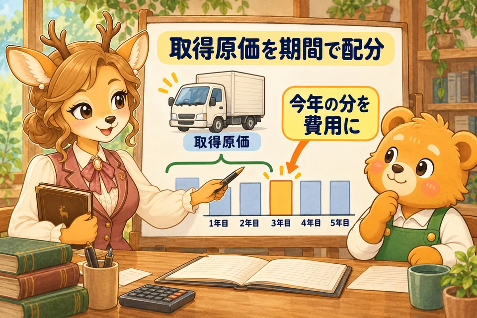 長く使う資産の取得原価を使用期間に分け、今年の分を費用にする。