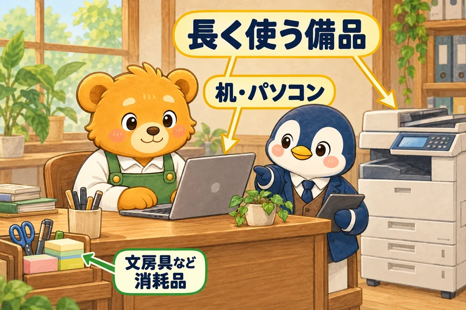 会社で長く使う机・パソコン・コピー機などの備品。