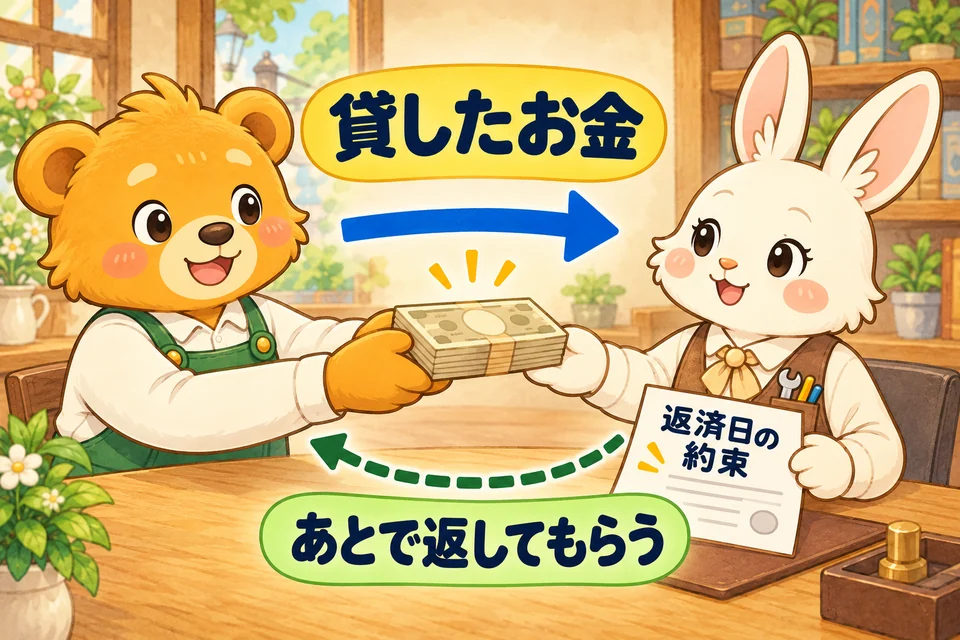 こぐまさんからラパン所長へ「貸したお金」の実線矢印、反対向きに「あとで返してもらう」の点線矢印。