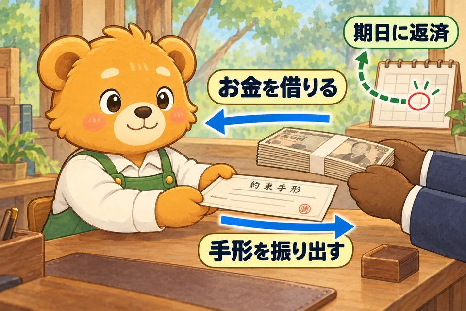 お金を借りる際に、返済の約束として自社の手形を振り出す。