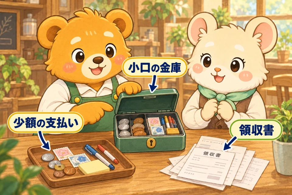 切手や文具などの少額支払いに使う、小さな手提げ金庫。