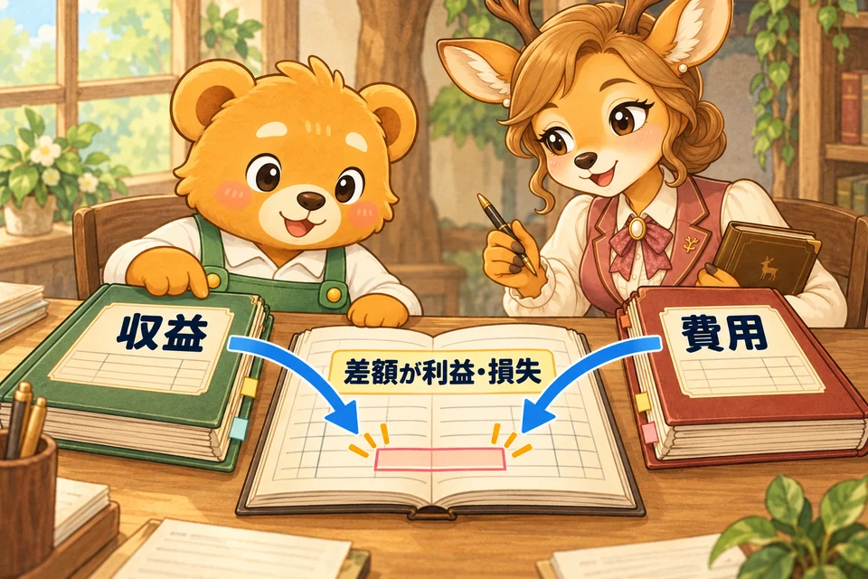 決算で収益と費用を集計し、その差額の利益または損失を確定する。