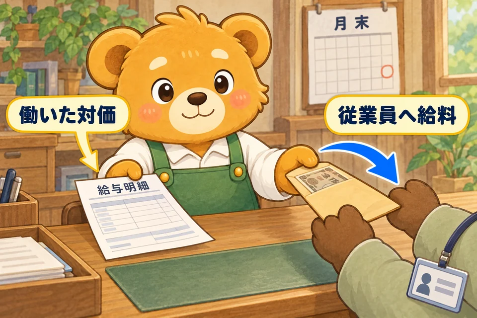 従業員が働いた対価として、会社が給料を支払う。