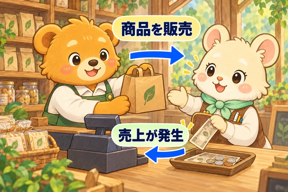 お店の商品をお客さまに販売し、売上を記録する。
