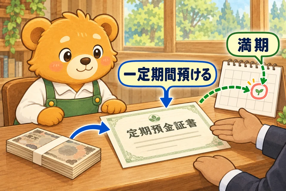 銀行に一定期間お金を預け、満期の日を確認する。
